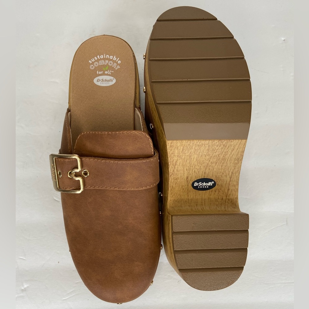 Dr. Scholl's Brown Leather Clog Mules with Gold Buckle - Picture 12 of 12